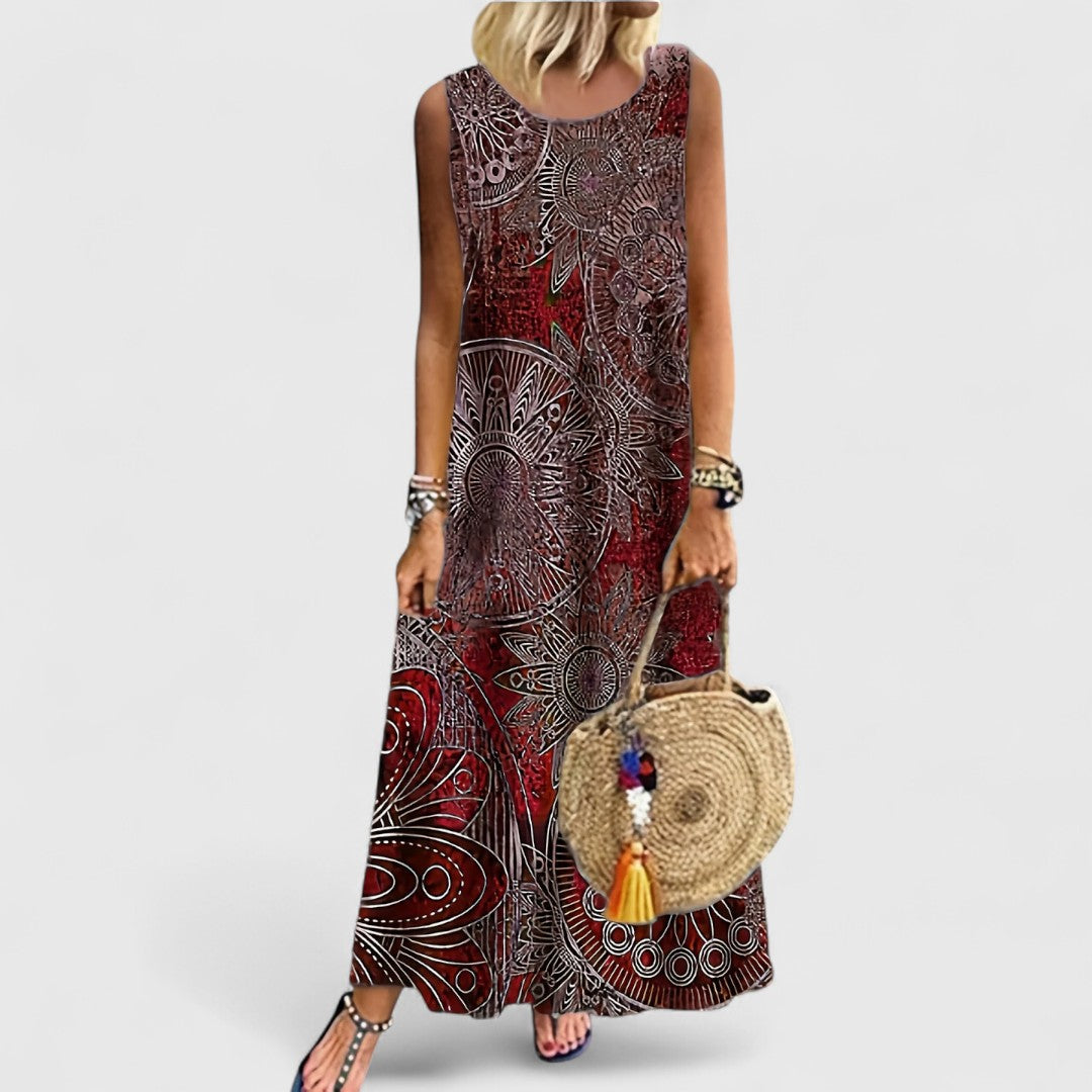 Fenne - Sleeveless Print Tummy Covering Maxi Dress